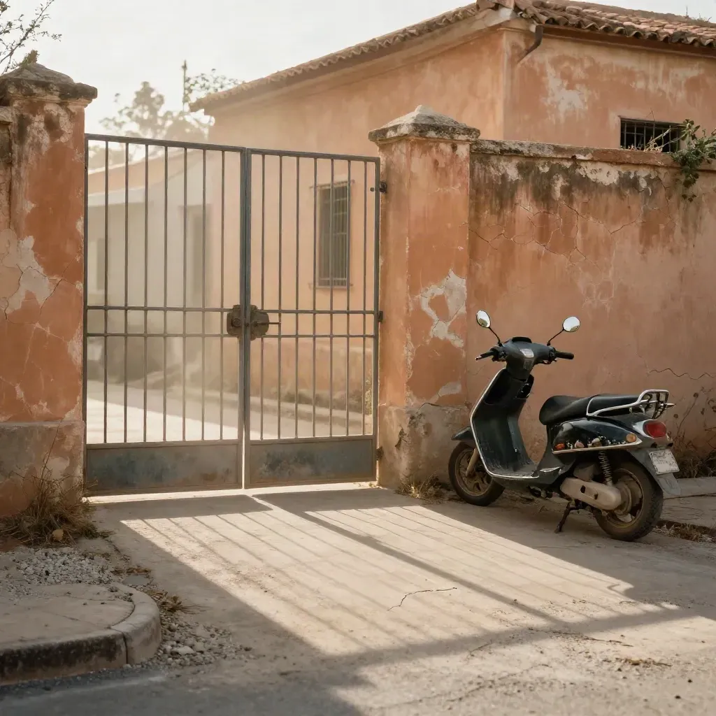 Cancello di villa del Sud con muretto scrostato, erbacce secche e motorino in ombra al tramonto.