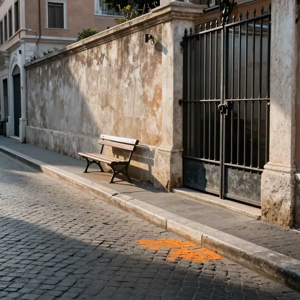 Via romana vicino al Vaticano con muro chiaro, cancello chiuso e panchina in lontananza al tramonto.