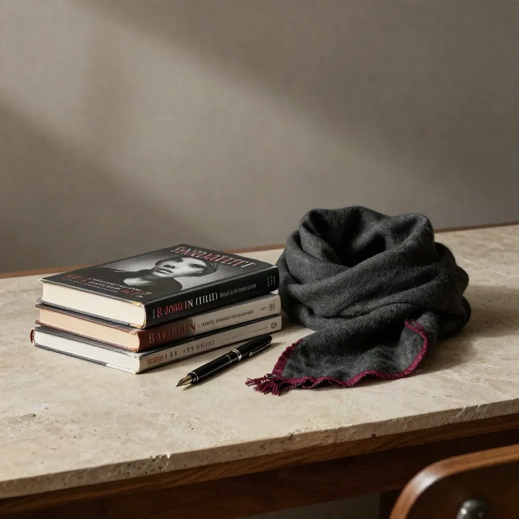Tre paperback noir femminili, una penna e una sciarpa su una scrivania in luce drammatica.