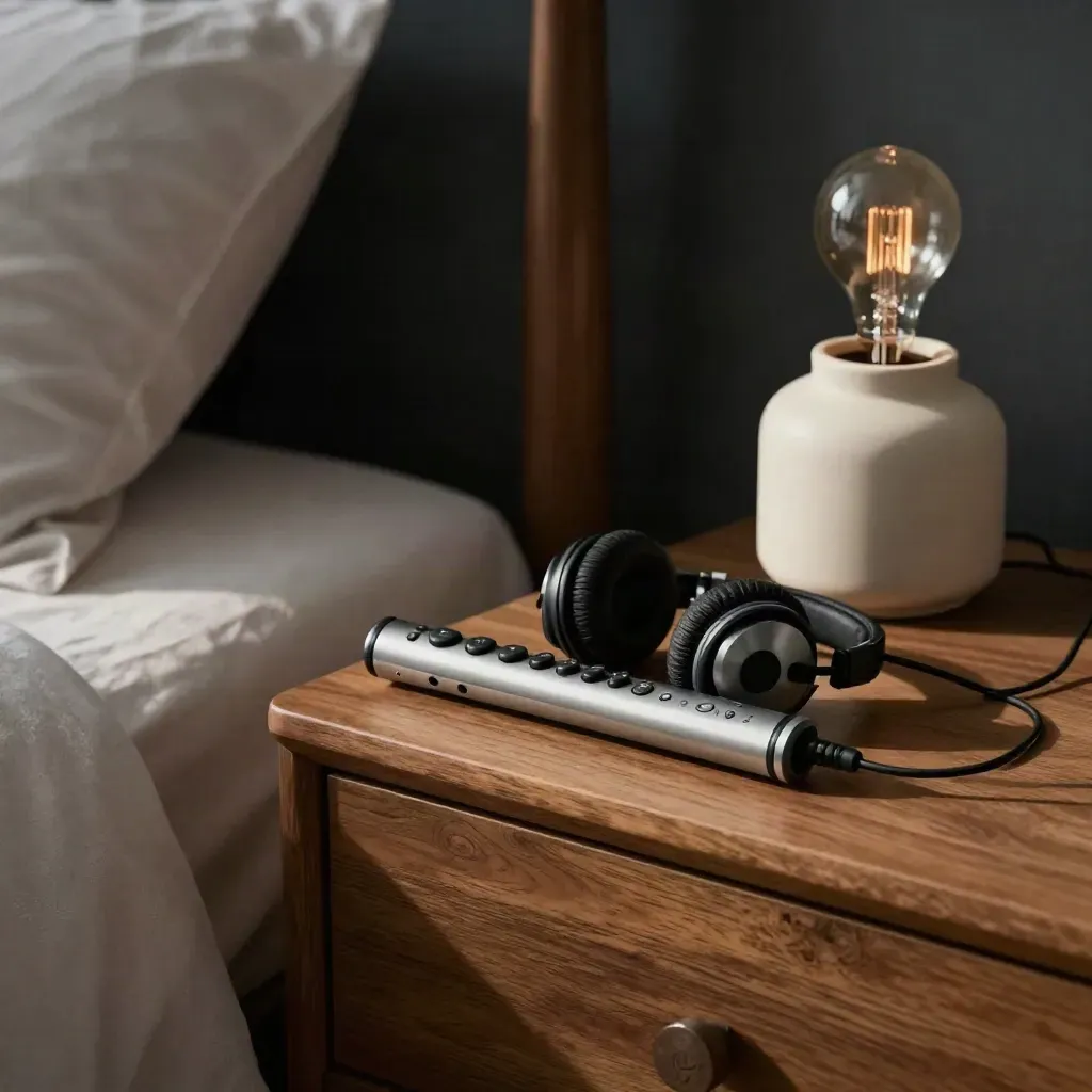 Cuffie e registratore sul comodino, lampada in ceramica, silenzio notturno.