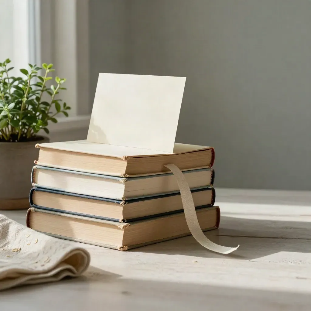 Pile di paperback memoir, segnalibro in lino ed erba in vaso su legno chiaro, luce morbida.